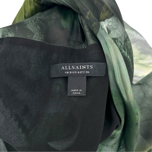 All Saints Isa Appalachian Abstract Green Silk Blend Sheath Midi Dress sz 4 - Picture 13 of 16